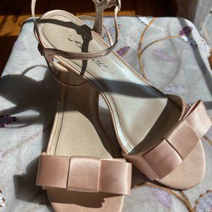 Satin Kitten Heel Mary Jane's with Bow. Blush pink.